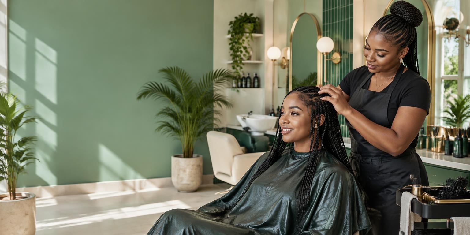 Black hairstylist finishing a client's braids in a beauty salon
